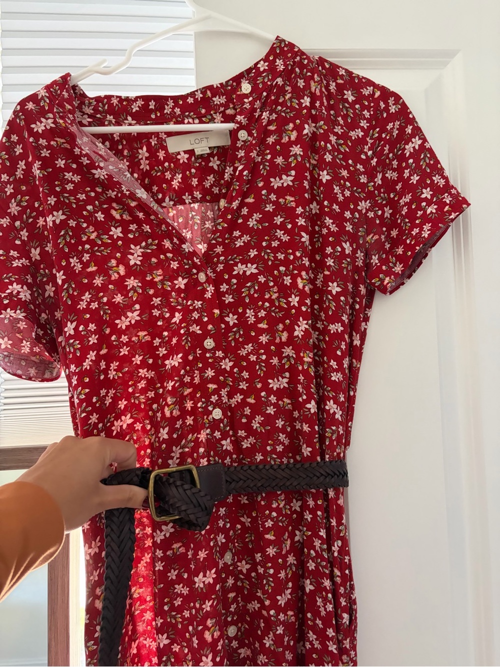 LOFT Red Floral Midi Dress with Button Front